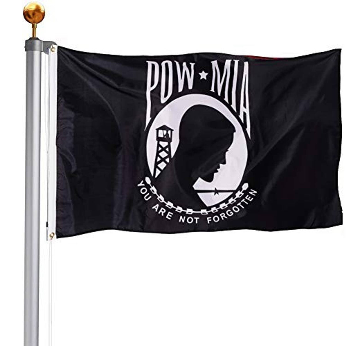 Black POW-MIA flag on pole with POW-MIA text, soldier silhouette, and “You are not forgotten”