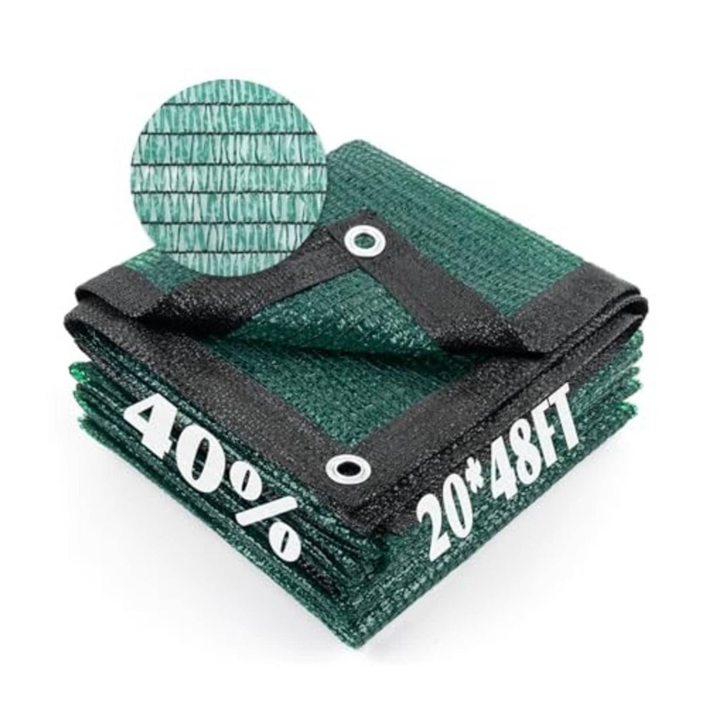Folded dark green mesh tarp with round grommets and 20x48FT size printing.