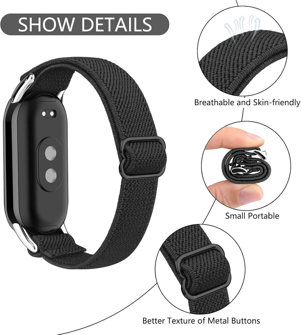 Black woven smartwatch band with metal buckle and side attachment