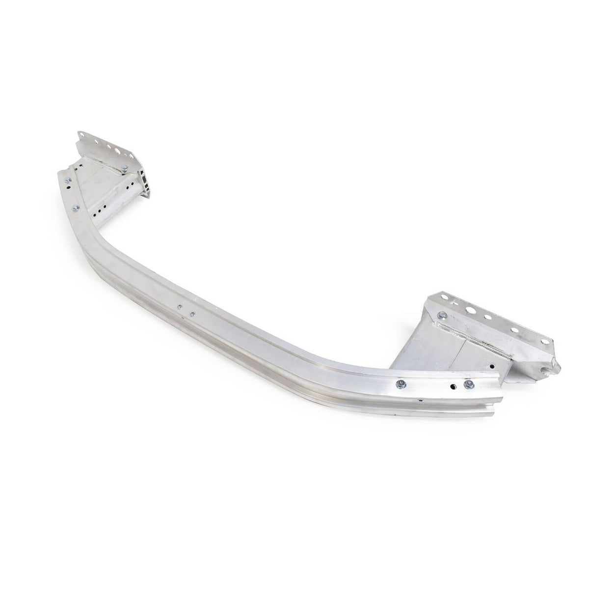 Front bumper reinforcement beam, curved silver metal with end mounting brackets