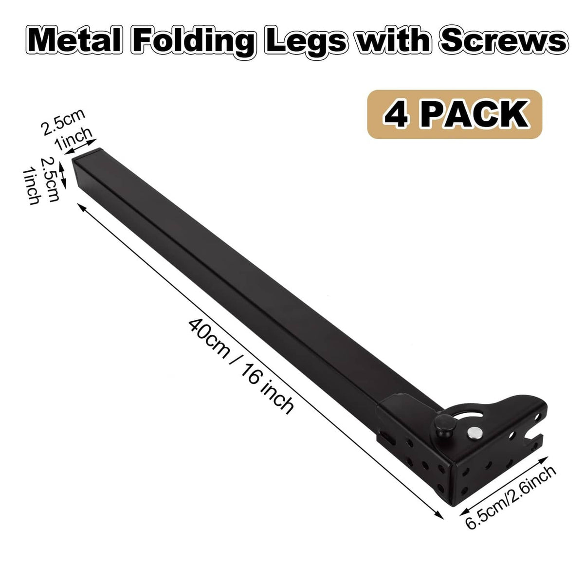 Black metal folding table leg with predrilled holes and screws, 16 in length
