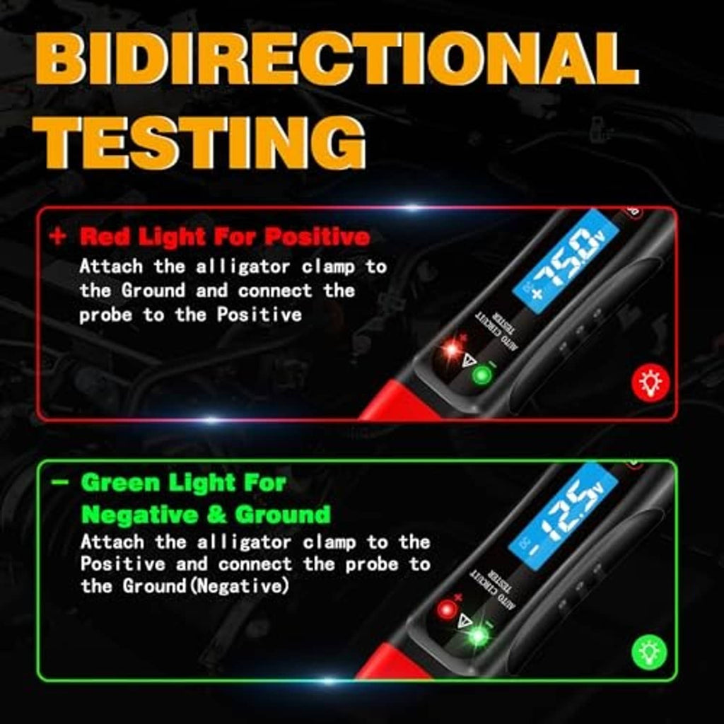 Automotive voltage tester with red-and-black body and red/green indicator LED lights
