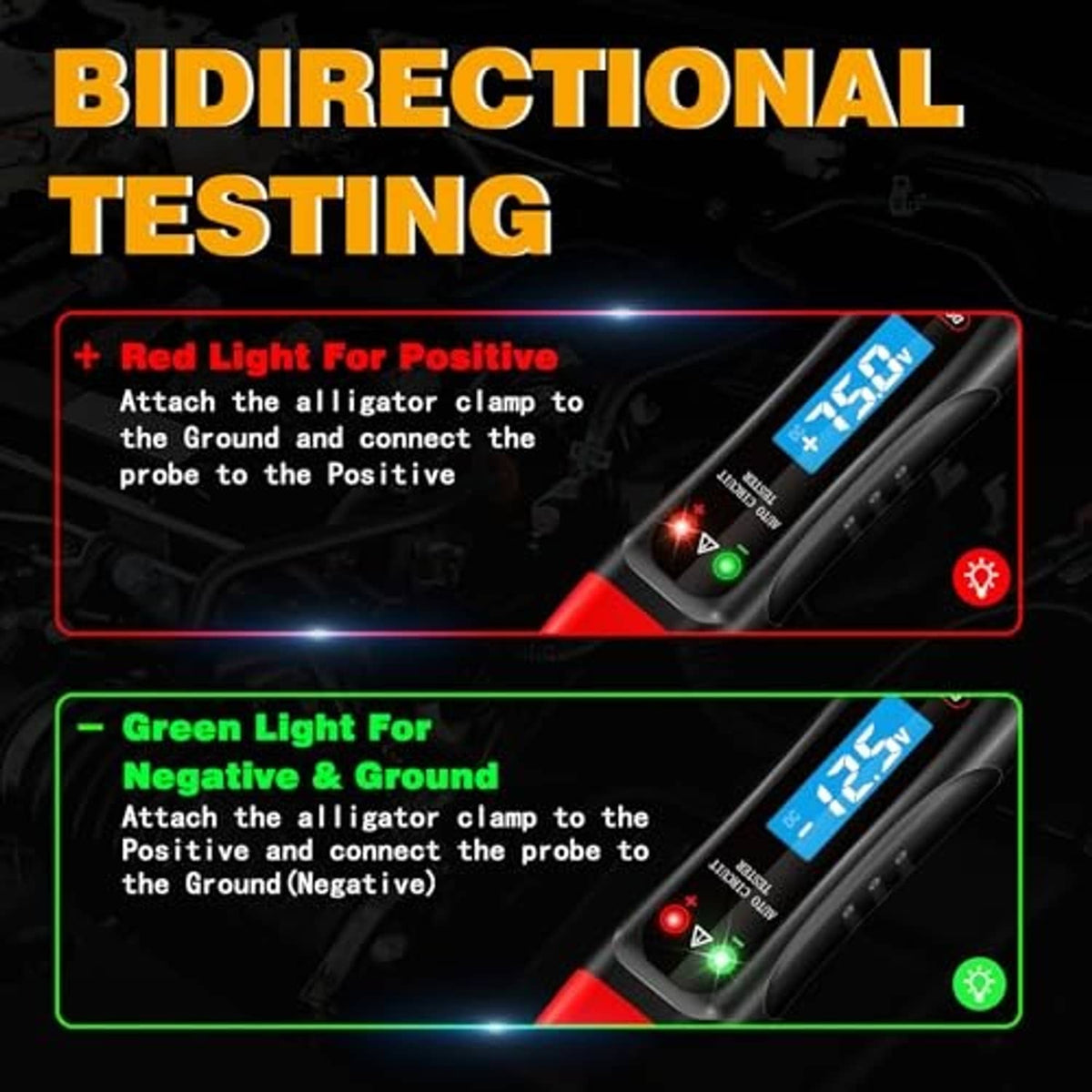 Automotive voltage tester with red-and-black body and red/green indicator LED lights