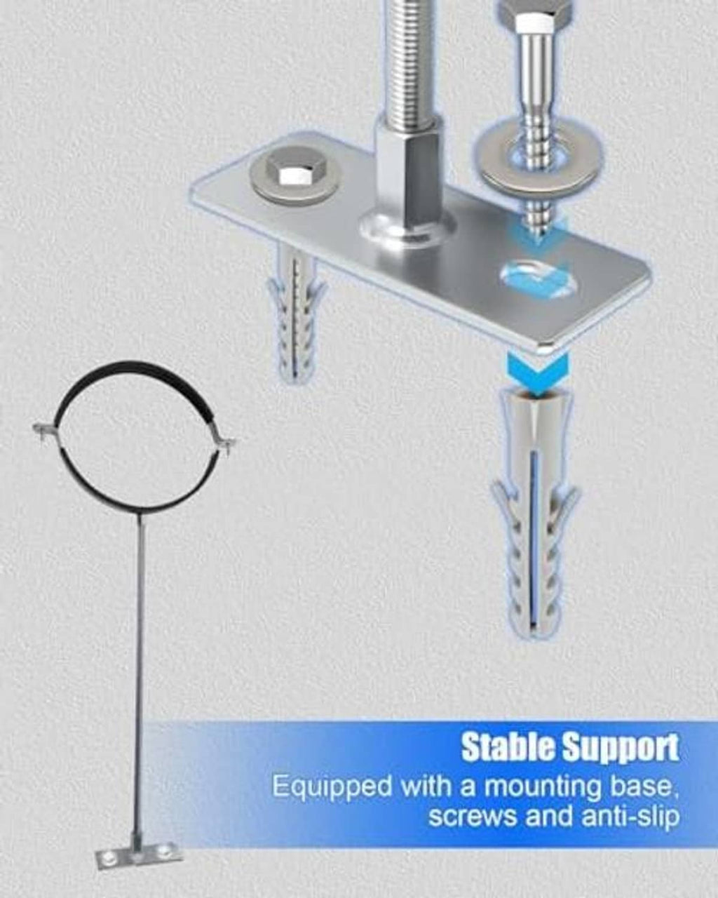 Wall-mount pipe bracket with split ring, anti-slip pads, and included mounting hardware