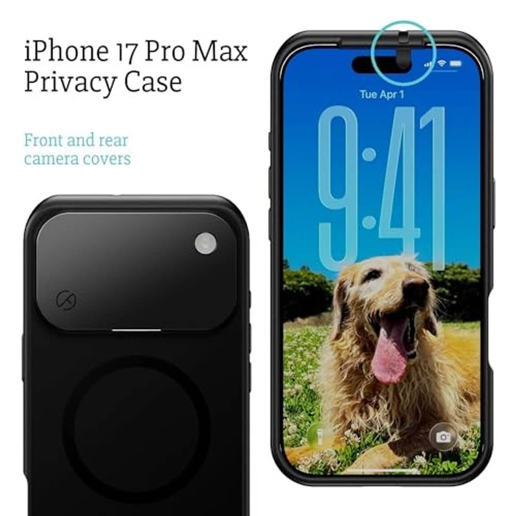 Black iPhone privacy case front and back, featuring covered camera lenses