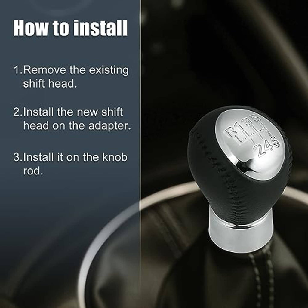 Black leather 6-speed gear shift knob with silver top; installation steps shown as text overlay