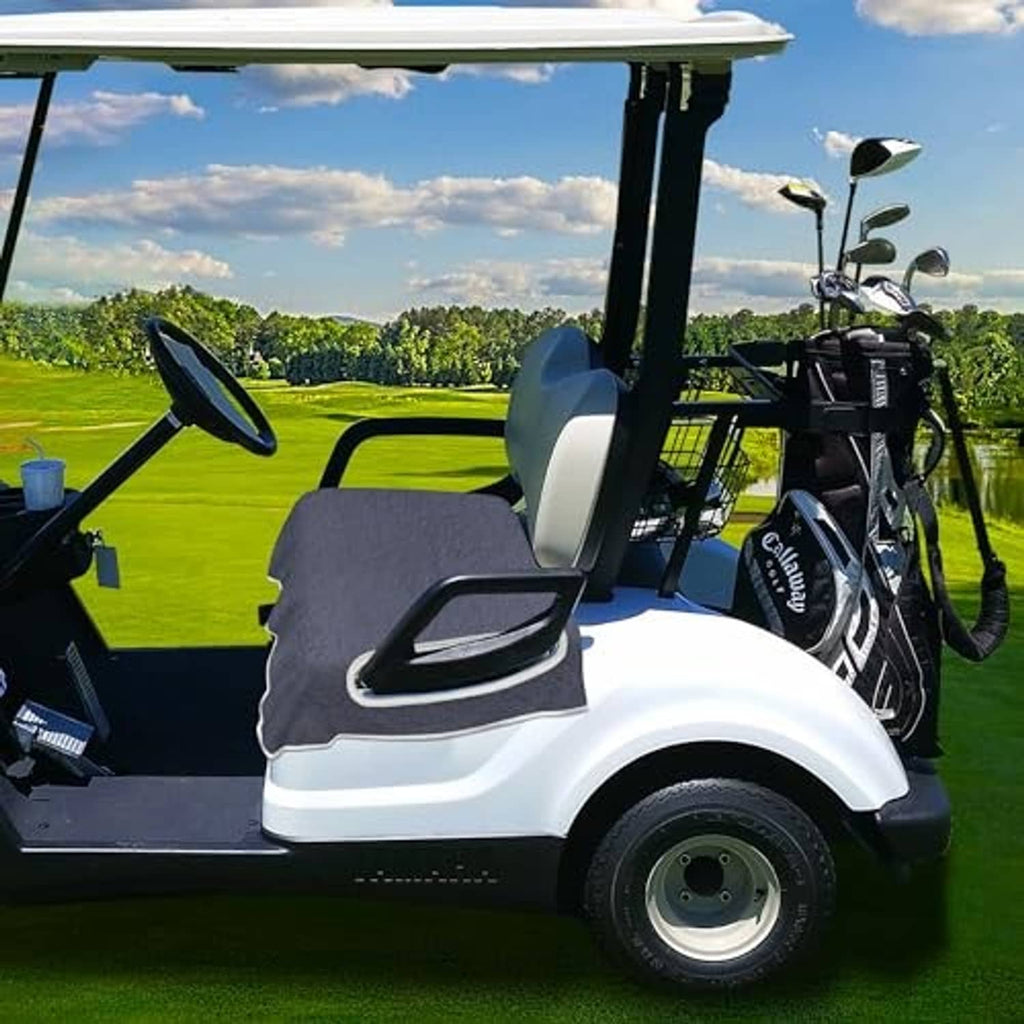 Golf cart seat cover set: dark grey cushion covers with white trim on front seats