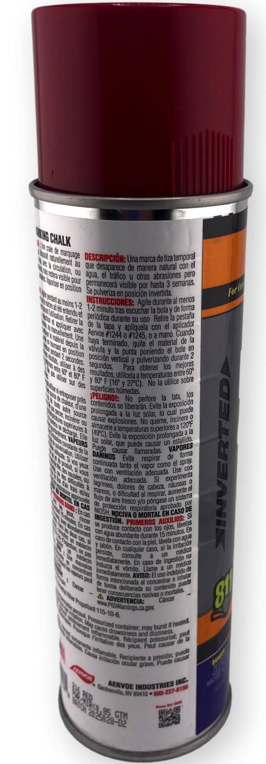 Aervoe red marking chalk spray can with side label text and orange band