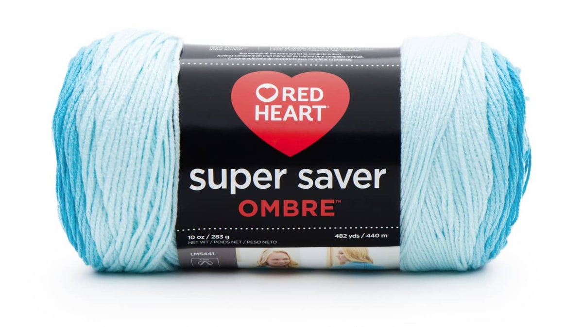 Red Heart Super Saver Ombre yarn skein, light blue ombre with two tone ends