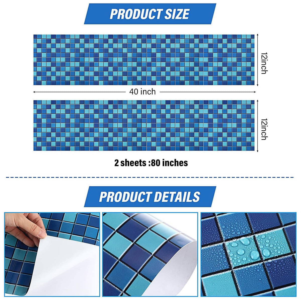 Blue-green mosaic vinyl pool liner patch sheet shown in two rectangular strips