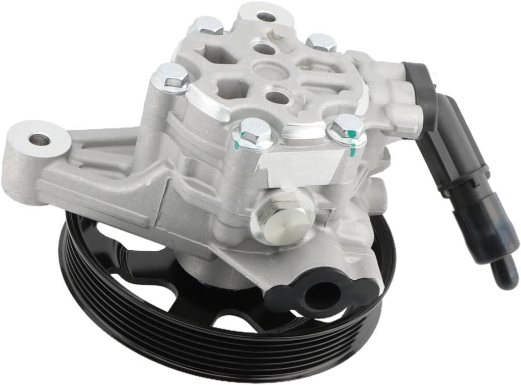 Power steering pump with pulley and connectors, gray body with black pulley