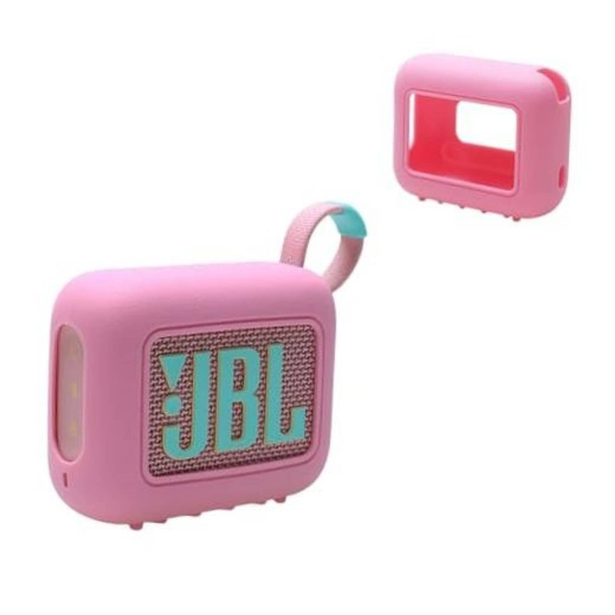 Pink silicone speaker cover case with JBL logo cutout and carrying loop.