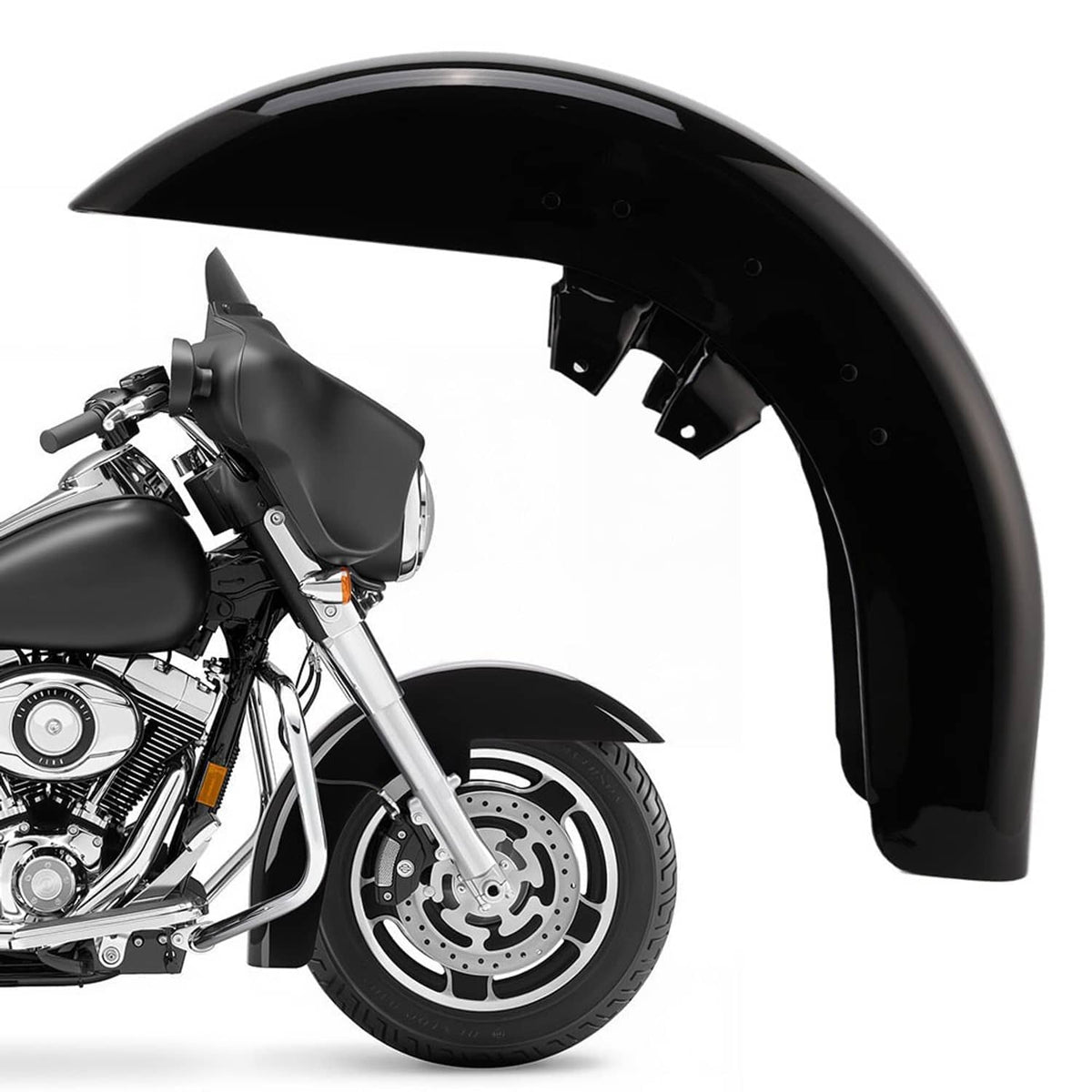 Vivid black front fender for motorcycle, side view with mounting brackets attached