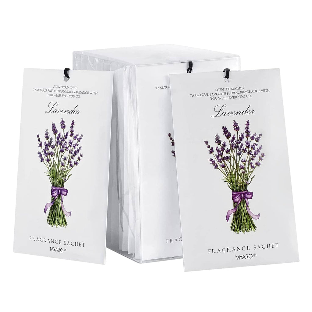 Lavender-scented fragrance sachet bags in white paper with illustrated lavender bouquet