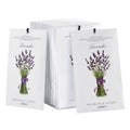 Lavender-scented fragrance sachet bags in white paper with illustrated lavender bouquet