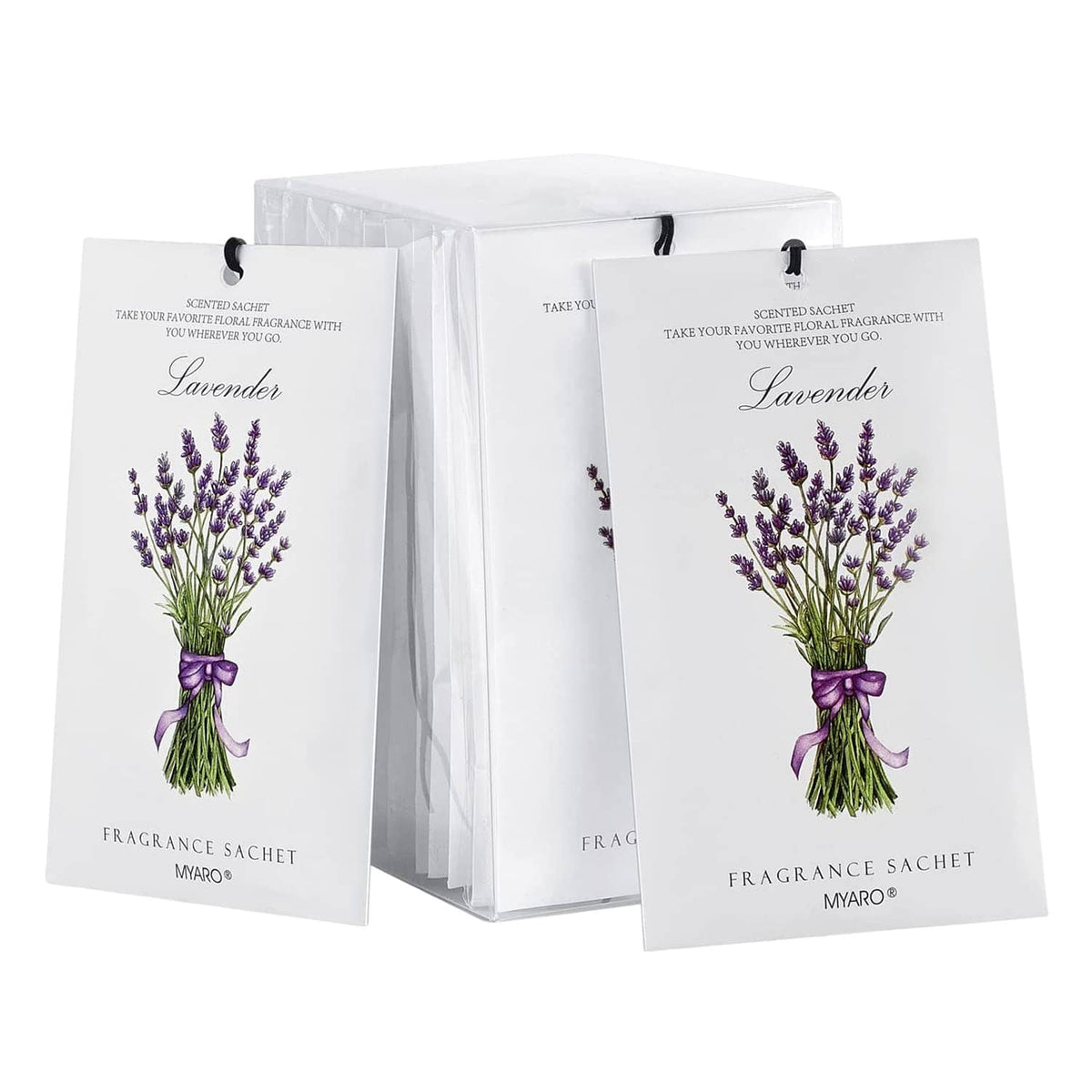 Lavender-scented fragrance sachet bags in white paper with illustrated lavender bouquet