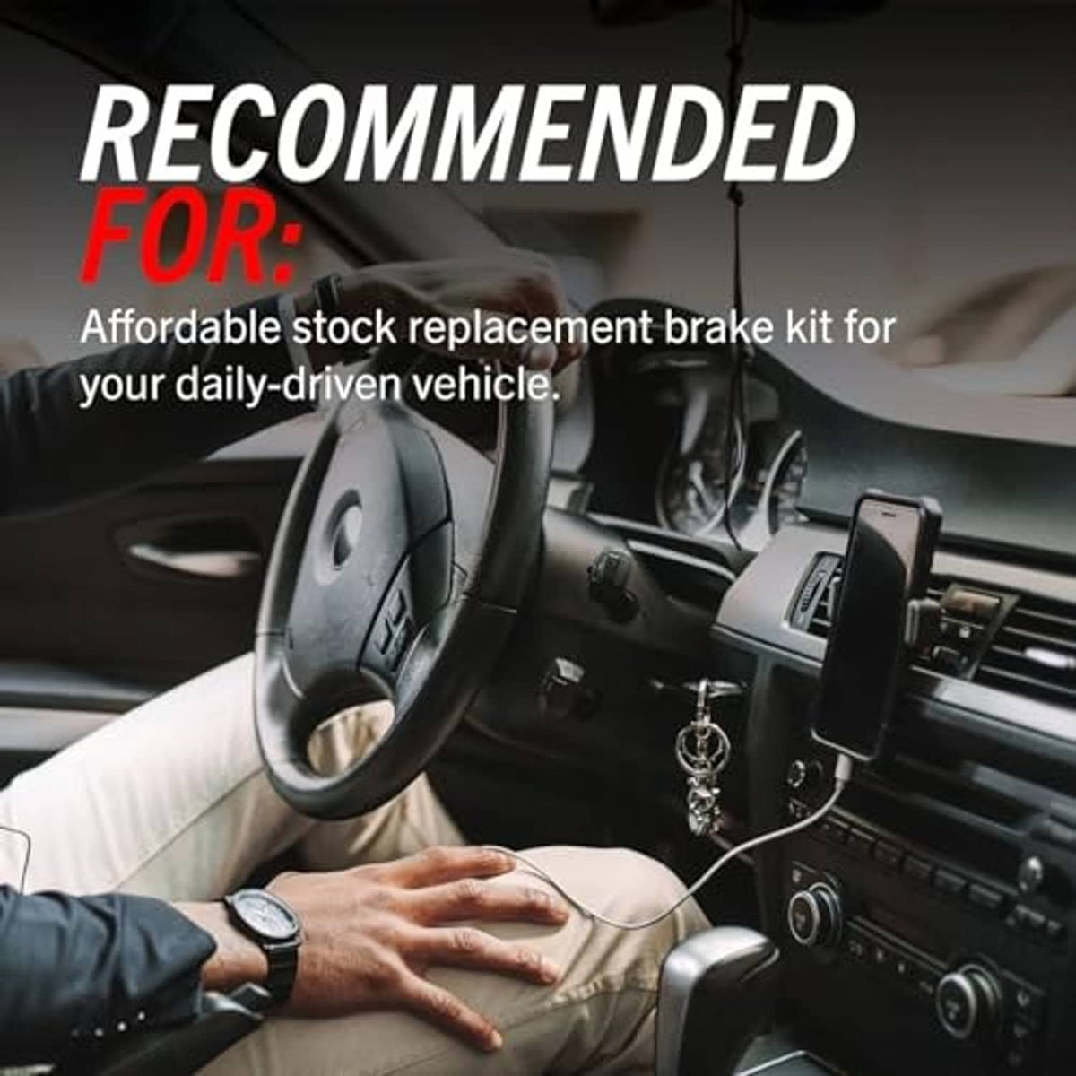 Recommended front brake kit overlay text on vehicle interior