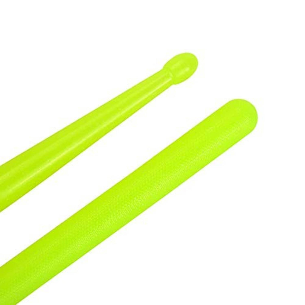 Neon green glow drum sticks, close-up of smooth body and rounded grip tips