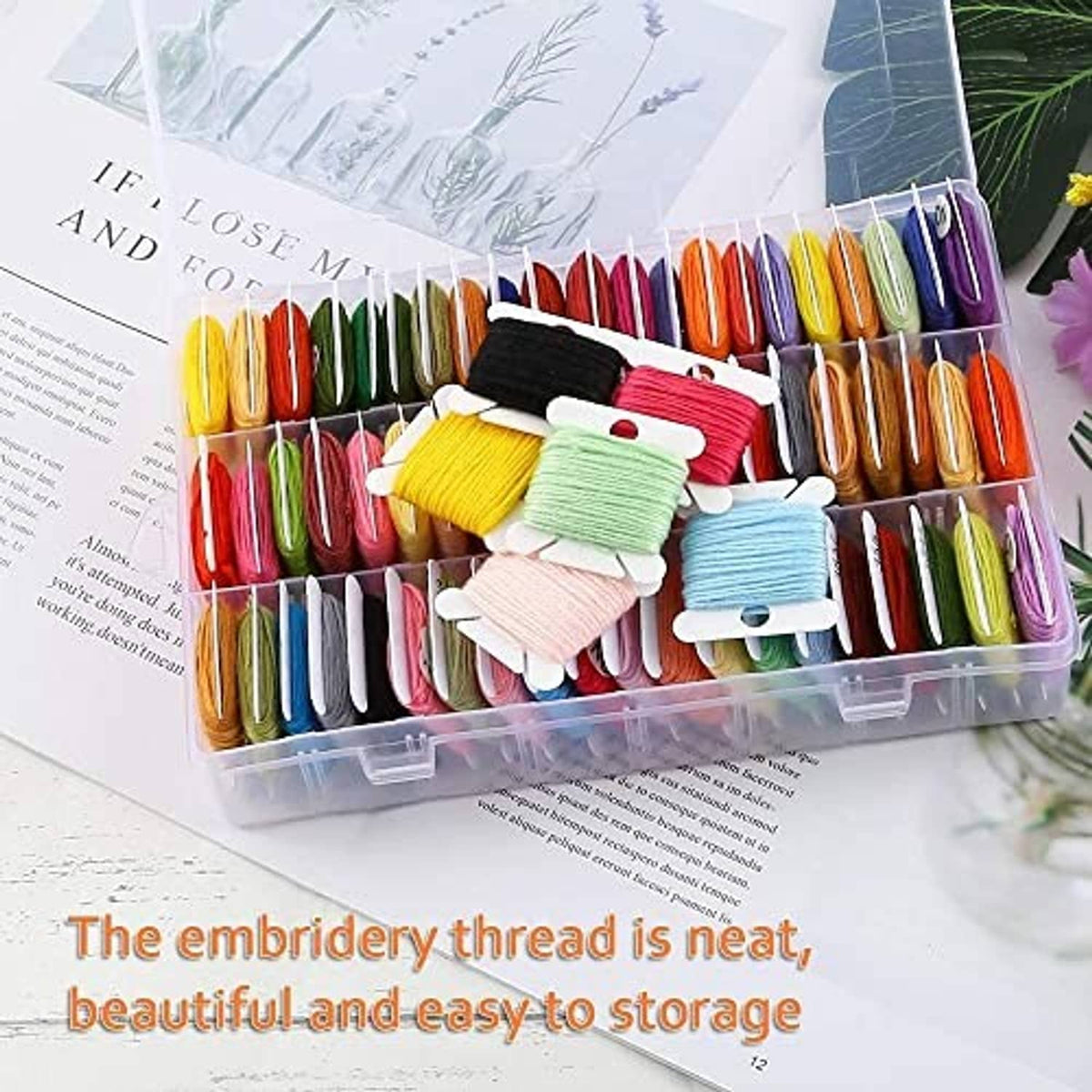 Colorful embroidery floss in a clear organizer tray with white thread clips