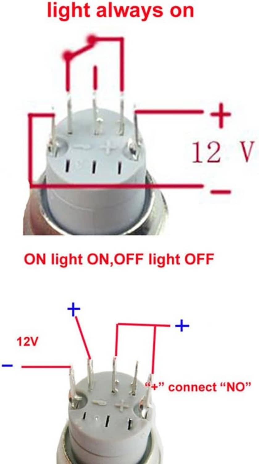 12V wiring diagram for LED push button switch, showing connection pins and terminals