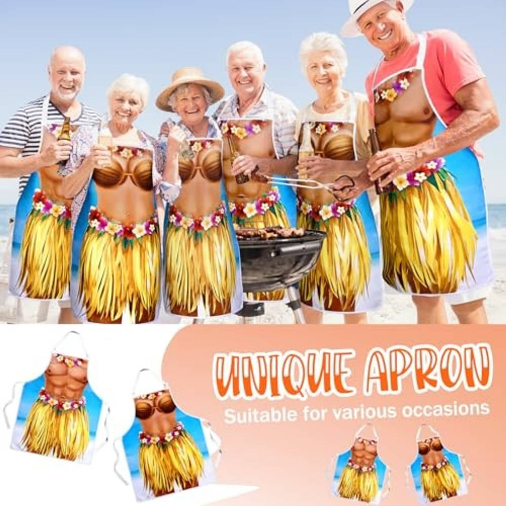Hawaiian novelty apron set worn by group: blue torso print, flower garland, yellow grass fringe