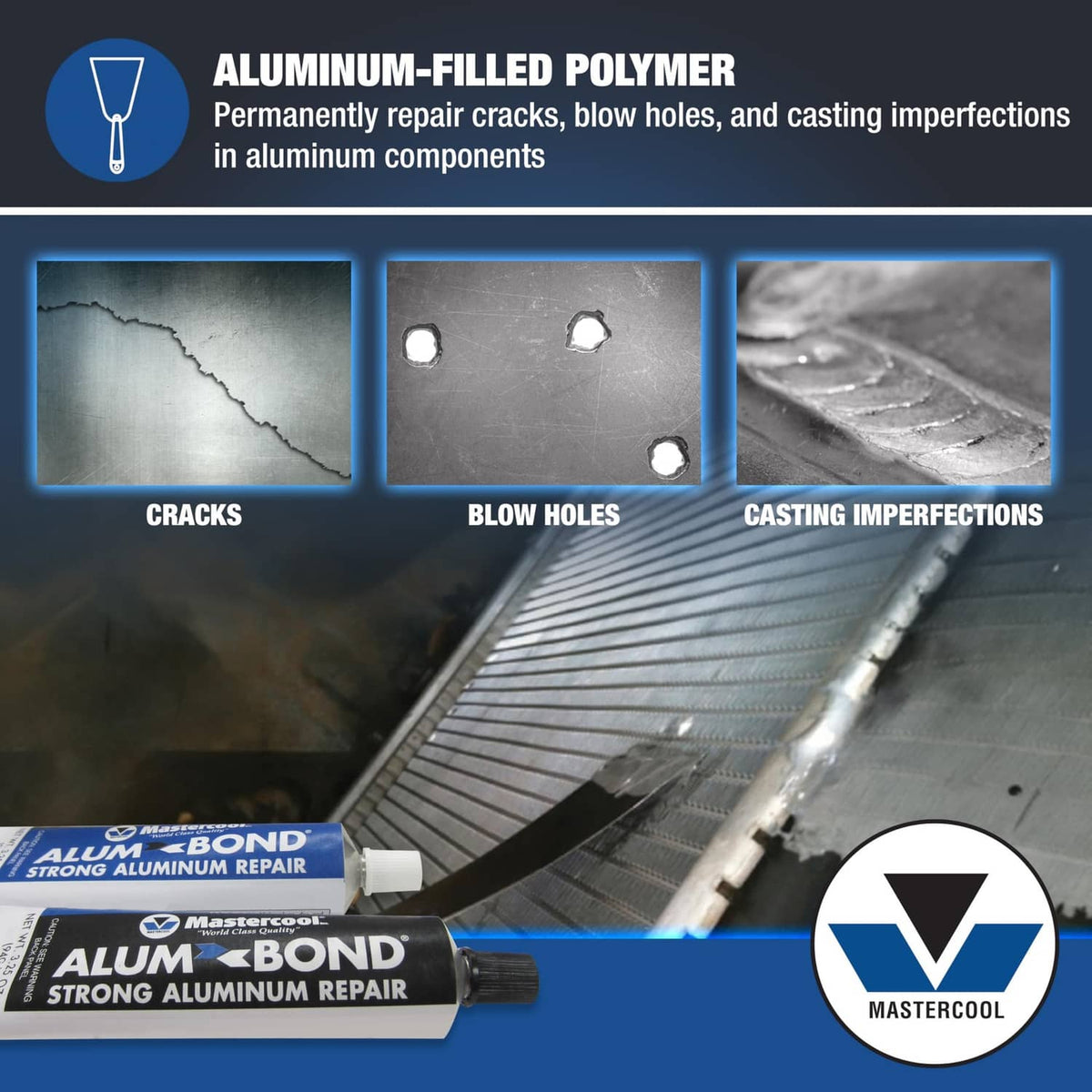 Aluminum repair compound infographic with Mastercool ALUM-BOND tubes at the bottom