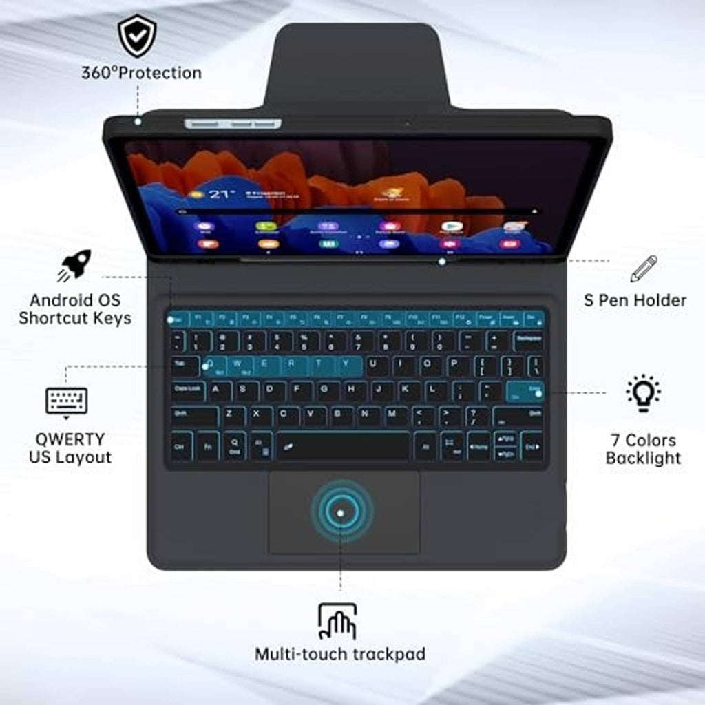 Open keyboard case with 7-color backlit keys, trackpad, and protective 360-degree cover
