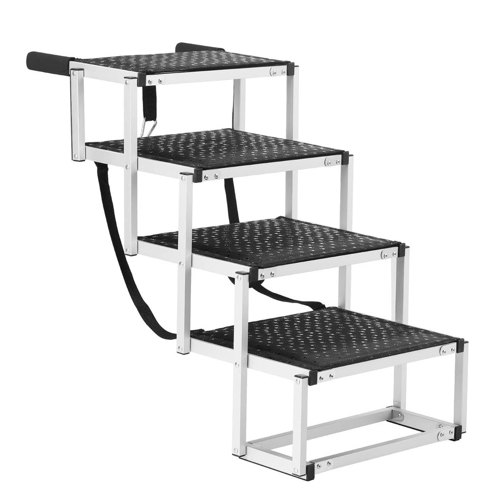 4-step folding dog stairs with aluminum frame, black textured treads, safety strap and handle