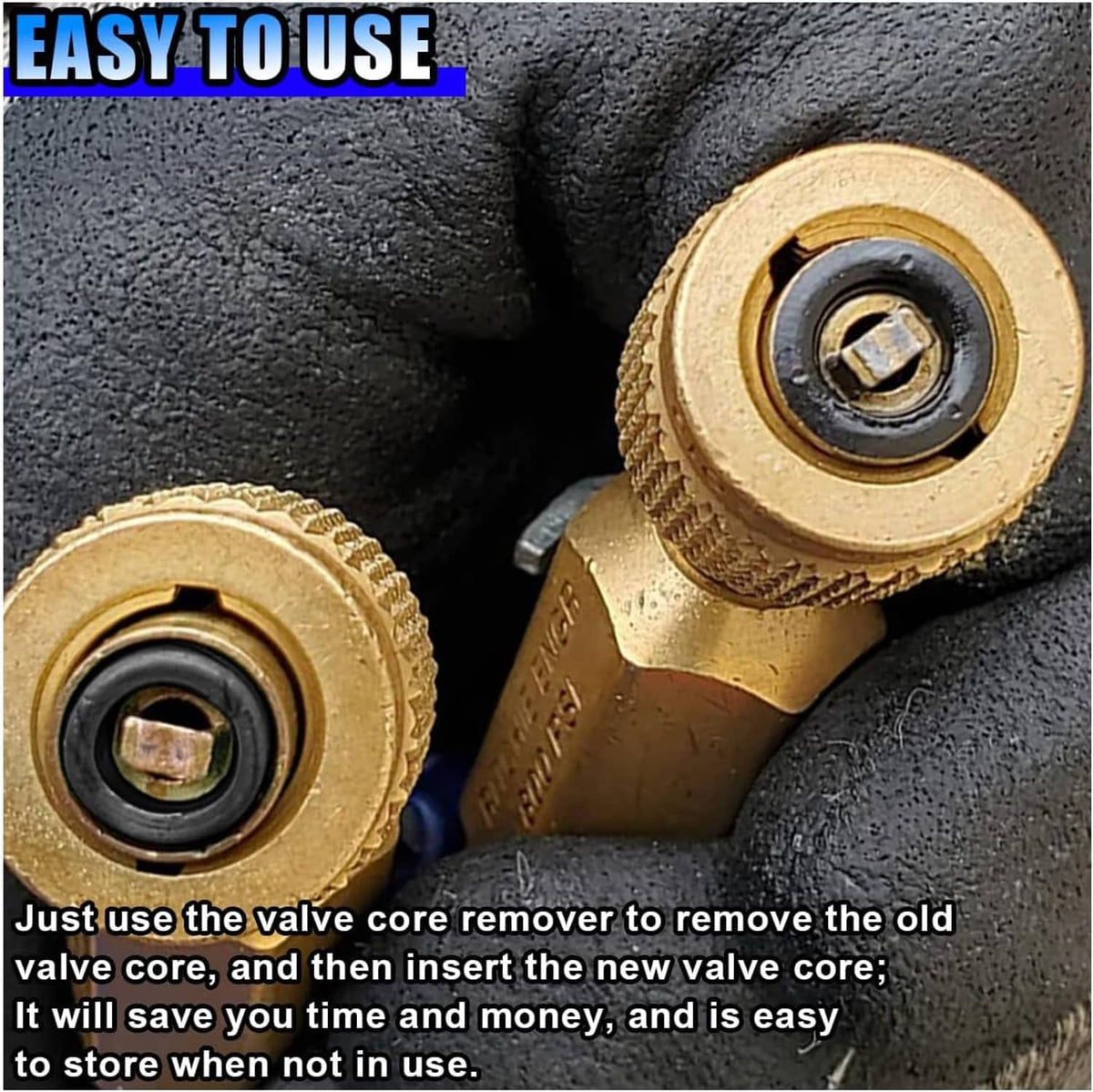 Brass A/C charging hose fitting with rubber gasket seals, black ring cores