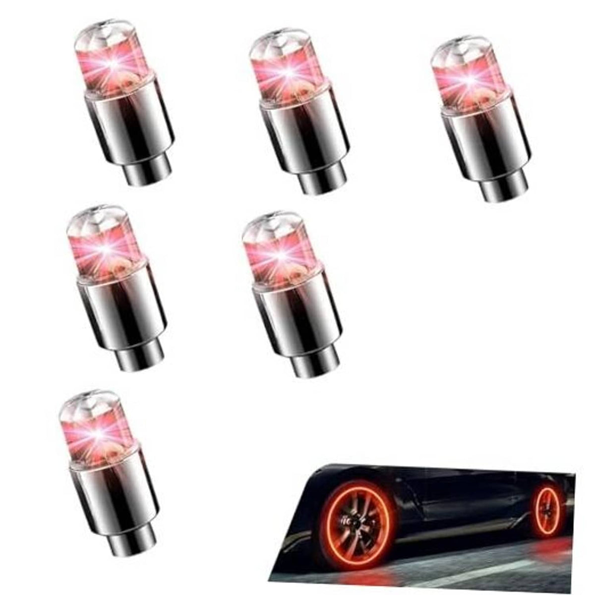 Red LED tire valve stem caps, glowing waterproof metal set