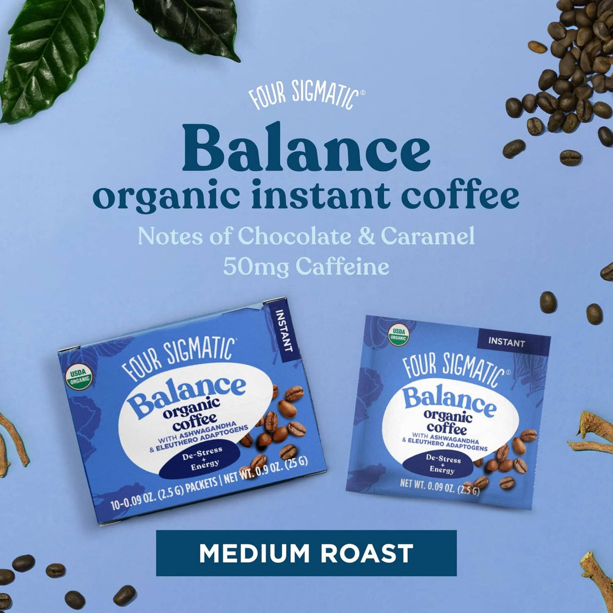 Balance organic instant coffee with notes of chocolate and caramel, 50mg caffeine