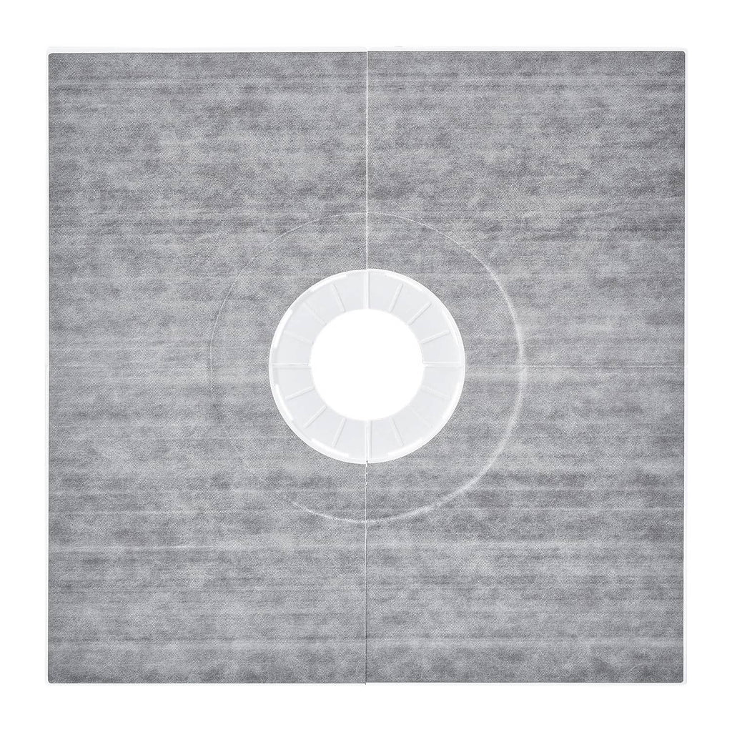 Square grey shower curb tray with central round drain opening and grate