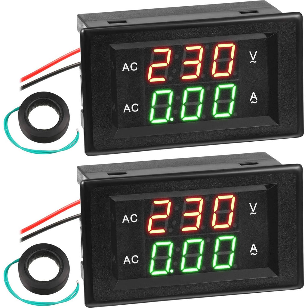Dual LED digital volt-amp meter showing red voltage 230 and green current 0.00, black case.