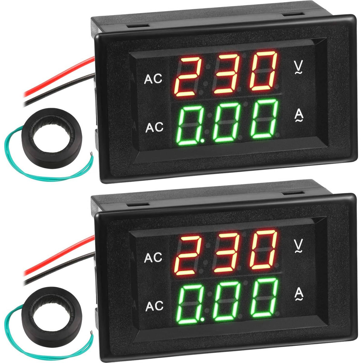 Dual LED digital volt-amp meter showing red voltage 230 and green current 0.00, black case.
