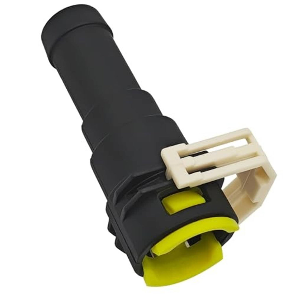 Black heater hose connector with lime insert and white multi-pin housing