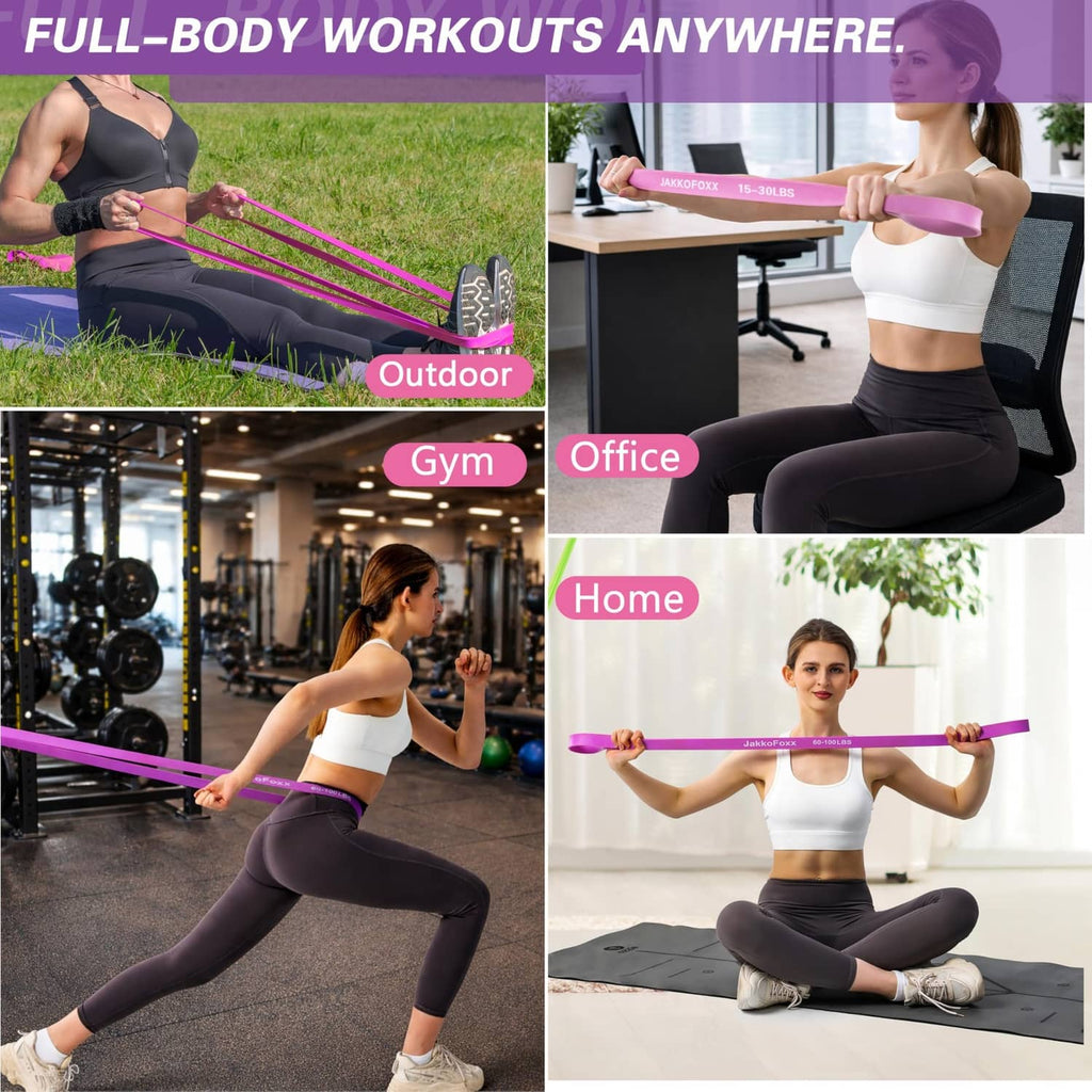 Pink resistance band set shown for full-body workouts in multiple locations