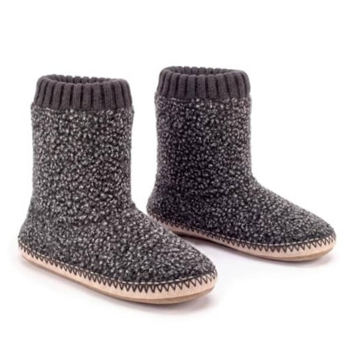 Men's grey fuzzy boot slippers with ribbed cuffs and stitched moccasin-style sole