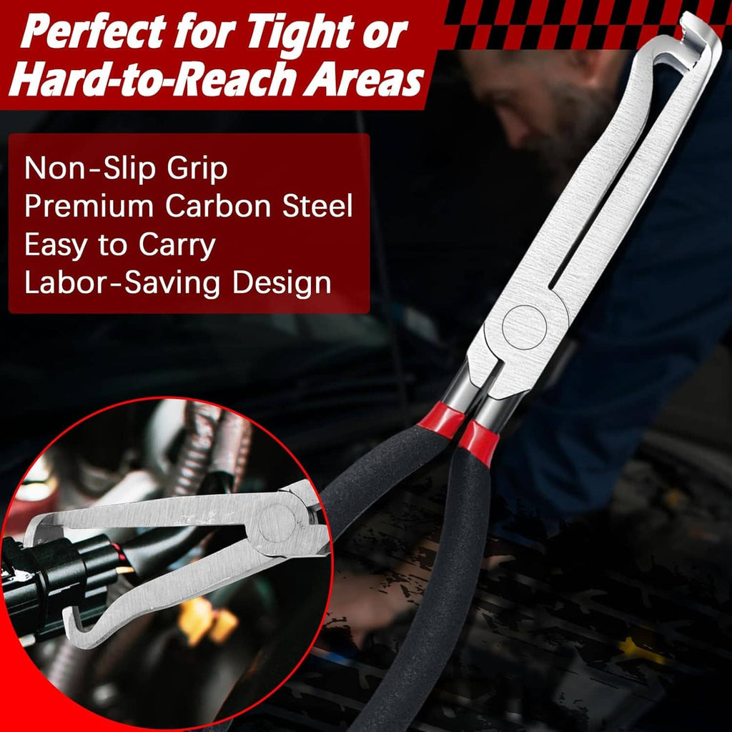 Long angled electrical connector removal pliers with non-slip black grip and silver jaw
