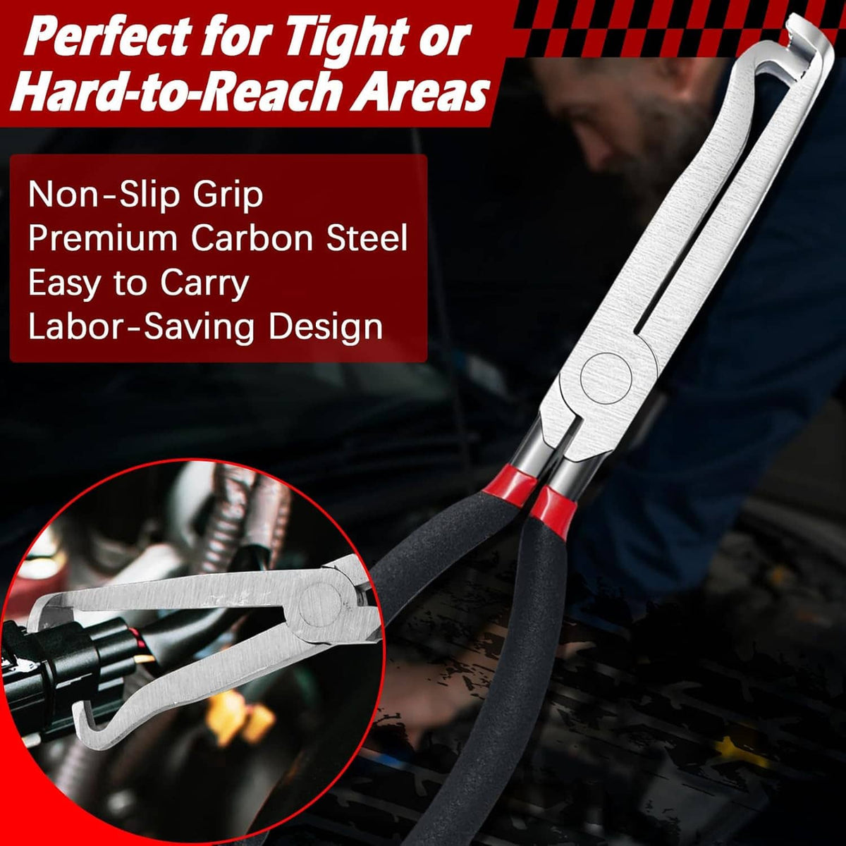 Long angled electrical connector removal pliers with non-slip black grip and silver jaw