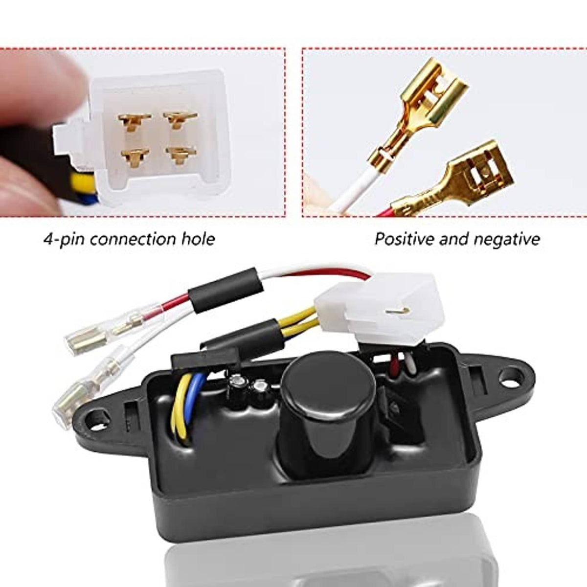 Voltage regulator module with 4-pin connector, colored wires, and plug terminals