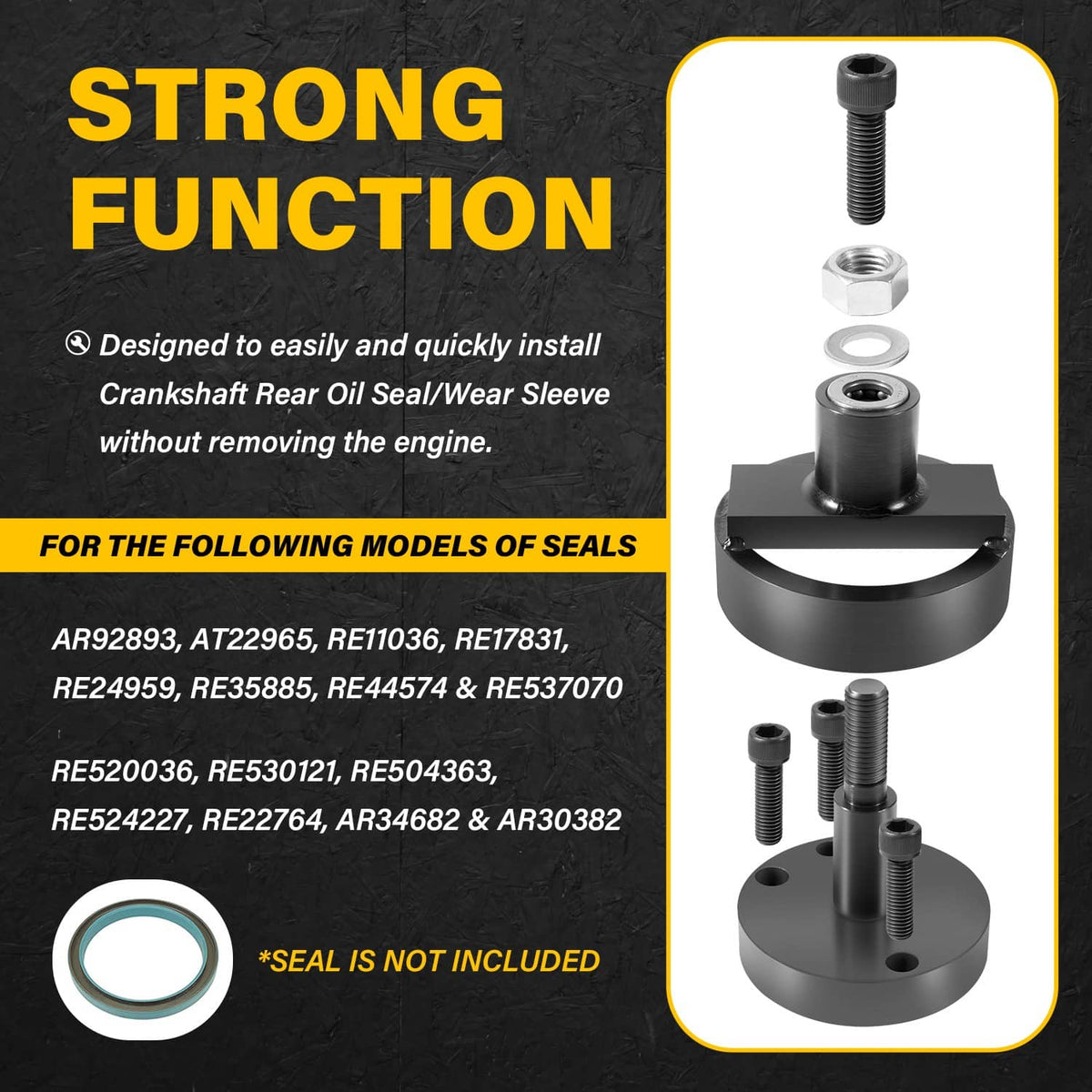 Seal installer tool with heavy-duty base and threaded screws; seal not included