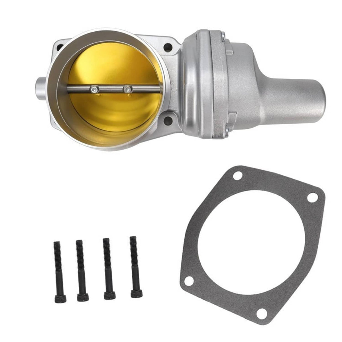 90mm throttle body with gold bore, gasket plate, and four black mounting screws