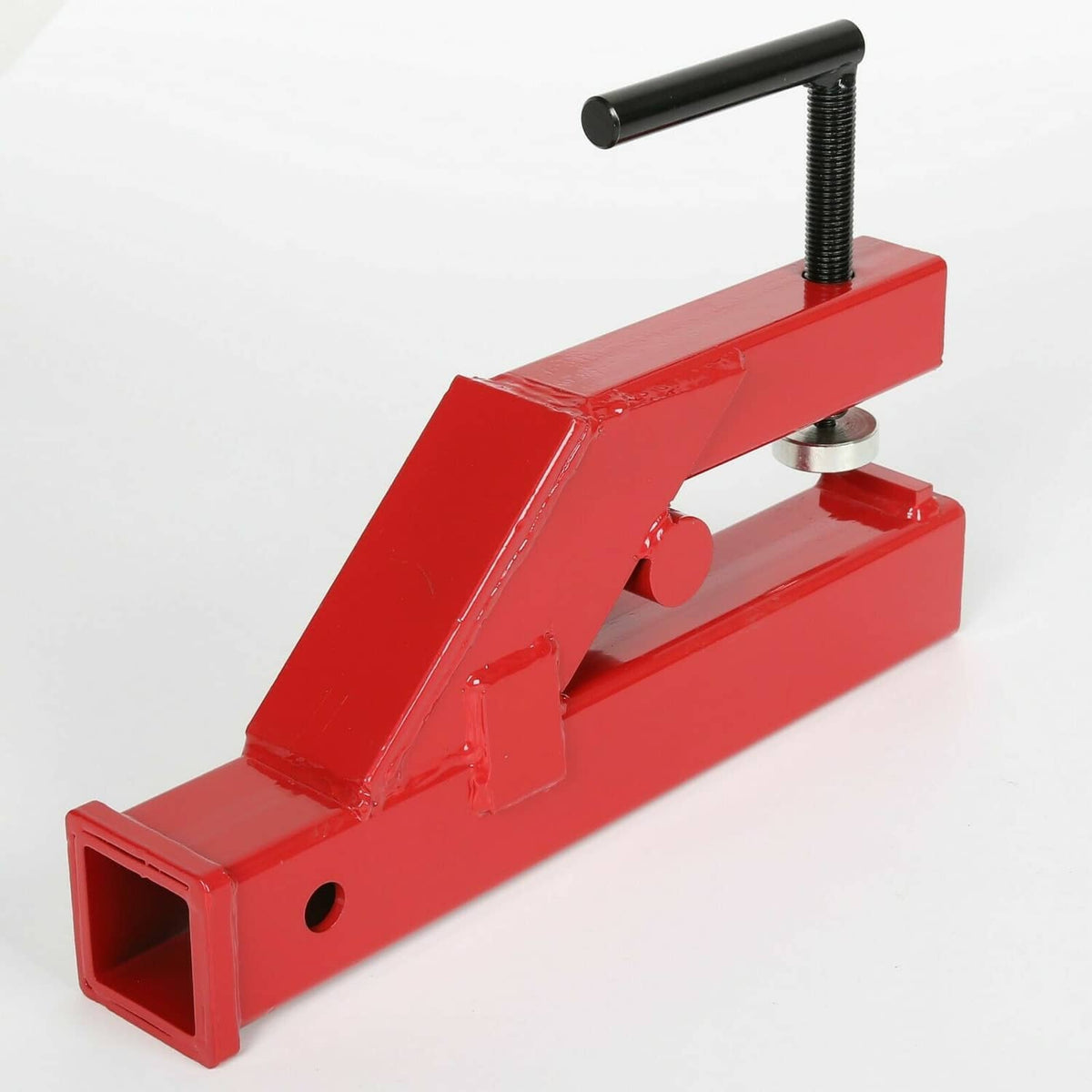 Red 2-inch trailer hitch receiver clamp with threaded ball mount stud and mounting holes