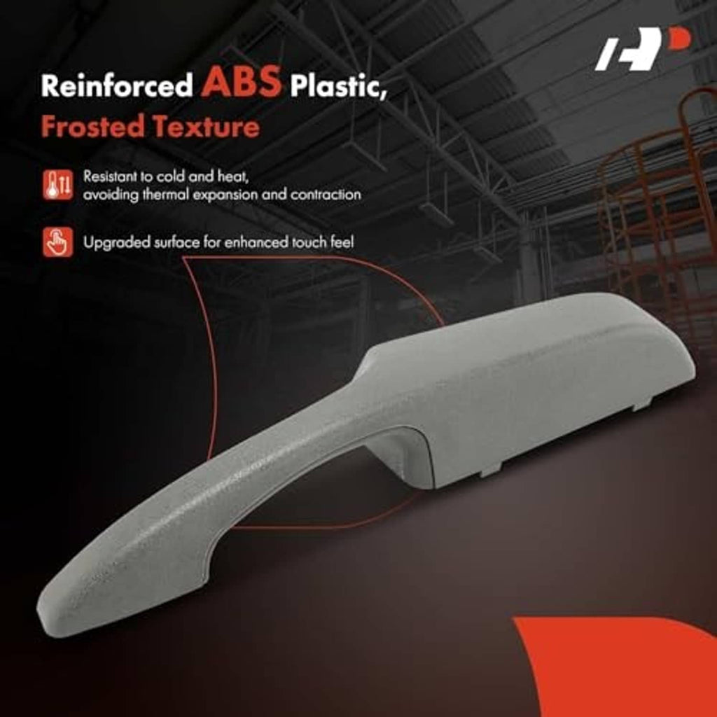 Gray interior door pull handle with frosted, textured grip and curved profile.