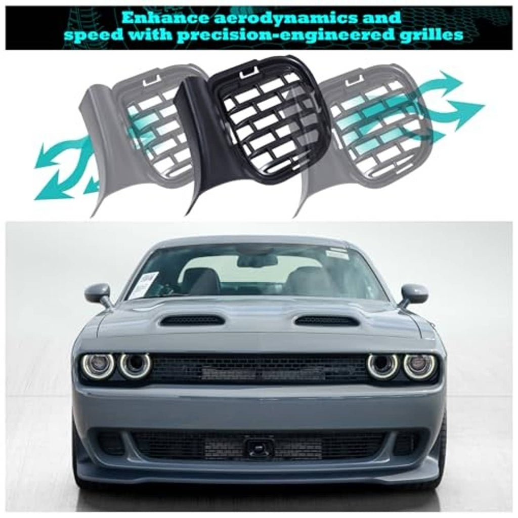 Black grille inserts set with mesh pattern, three-piece bumper lower design