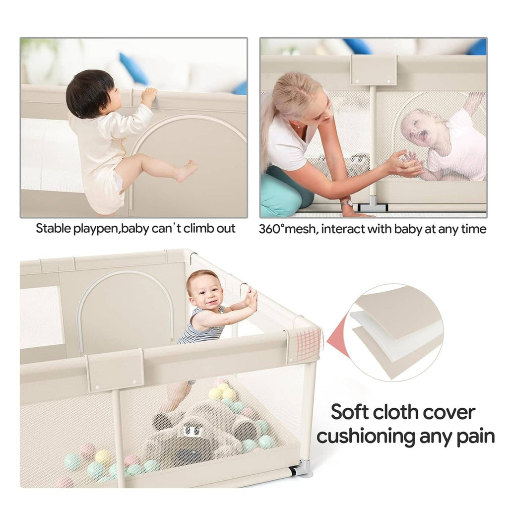 Beige baby playpen with mesh panel openings and soft fabric cover for cushioning and toys