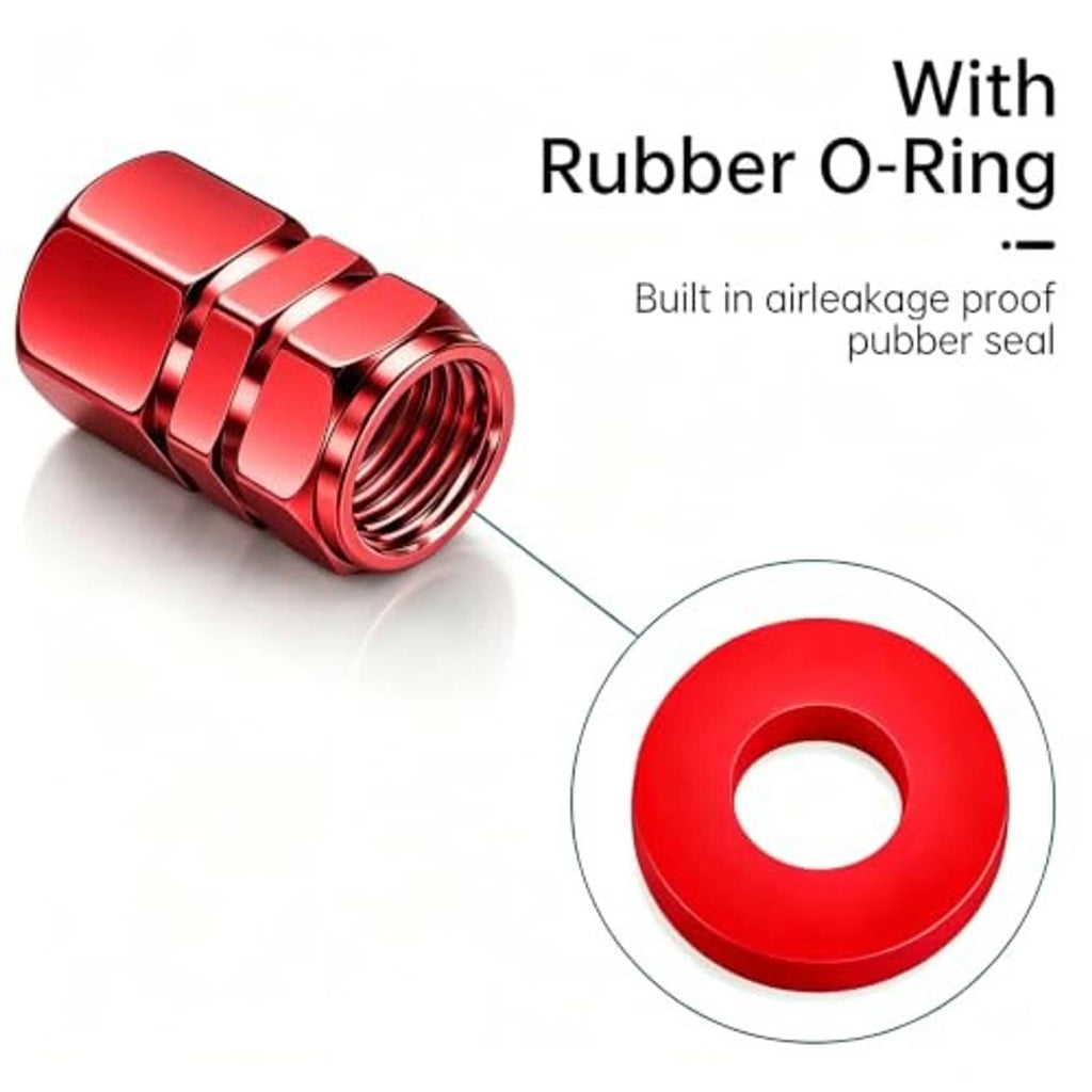 Red tire valve stem cap with rubber O-ring seal detail, side view