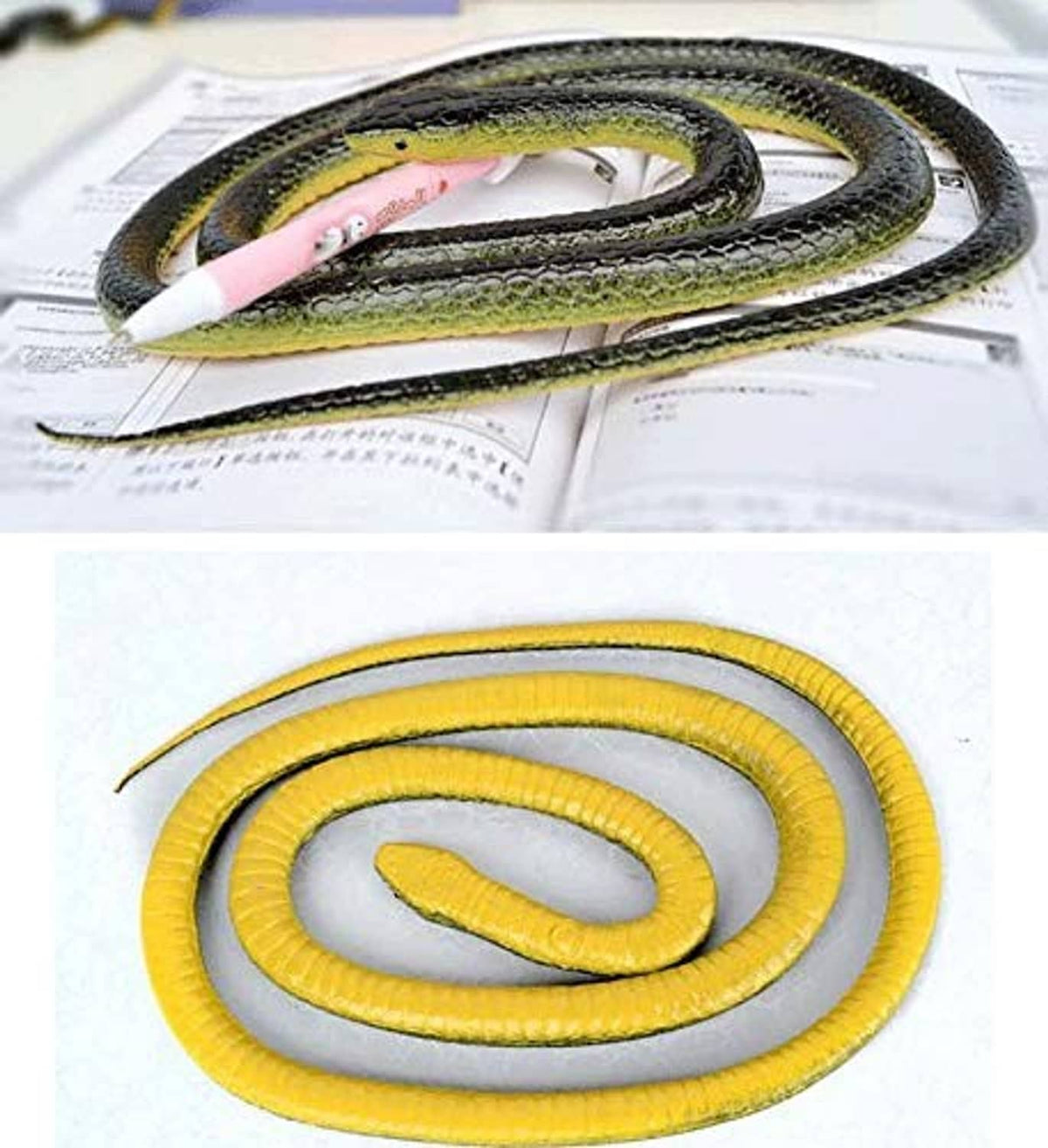 Yellow and black rubber toy snake with lifelike scales shown on papers