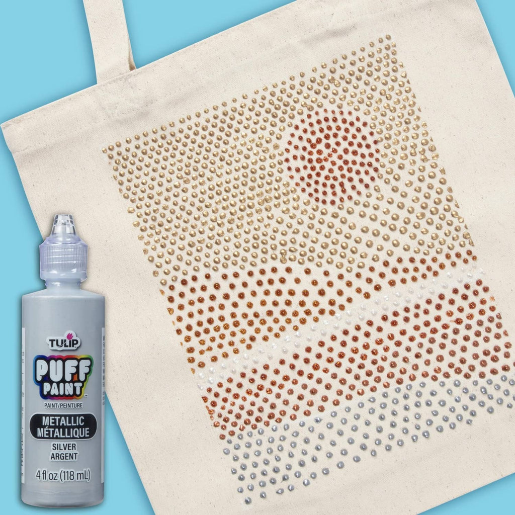 Tulip Puff Paint metallic silver dot pattern sample with squeeze bottle.