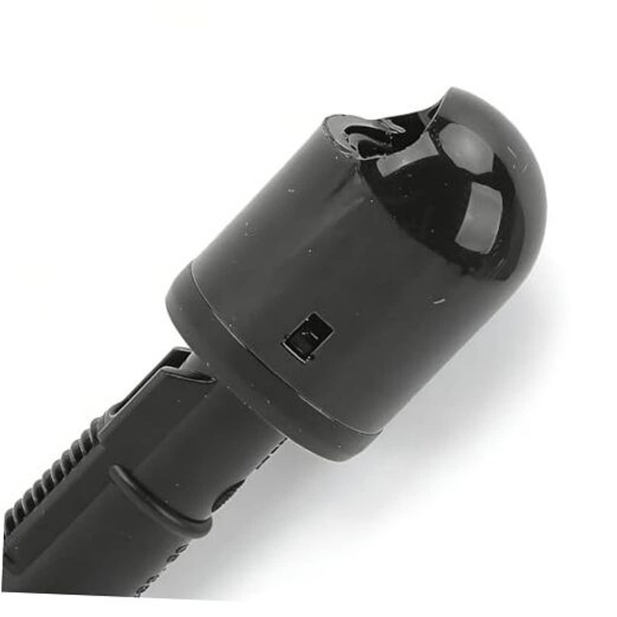 Black headlight washer nozzle with ribbed hose and angled spray tip, plastic part.